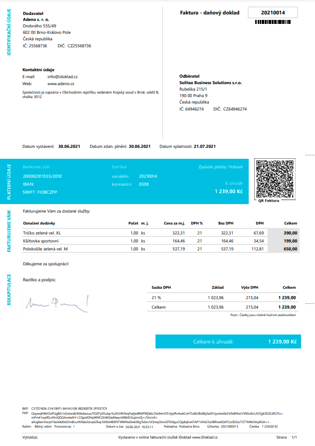 Příklad správně vystavené faktury – obsahuje všechny údaje a je přehledná. Abyste zákazníkovi její uhrazení usnadnili, můžete přidat i QR kód pro zaplacení mobilem. Ve fakturačním programu iDoklad takovou fakturu vystavíte okamžitě na pár kliknutí.