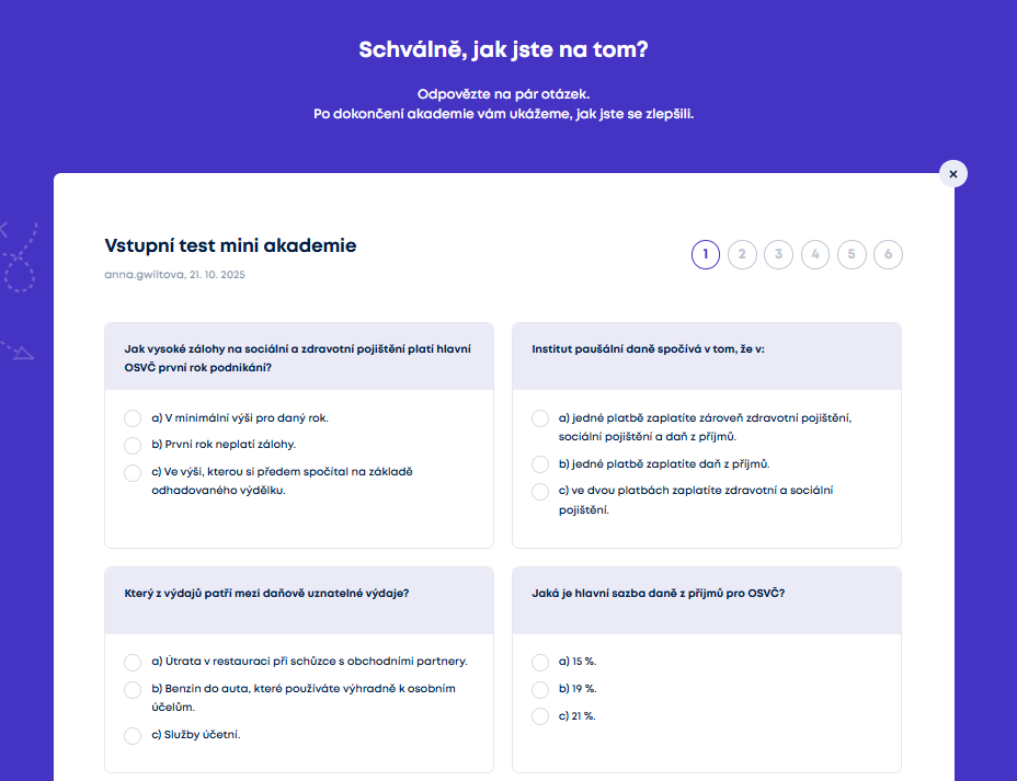 Ukázka vstupního testu v prostředí Mini akademie